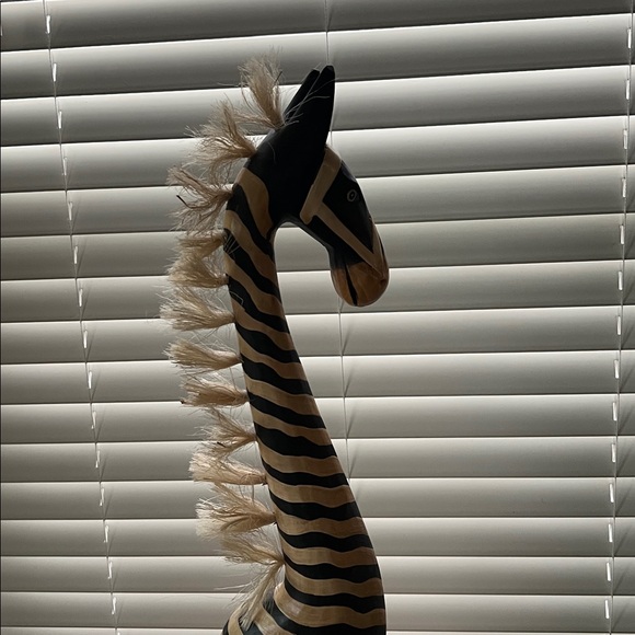 Handcrafted Wooden Zebra Giraffe Sculpture (39” tall.  Base is 4.5” x 8”. - Picture 5 of 6